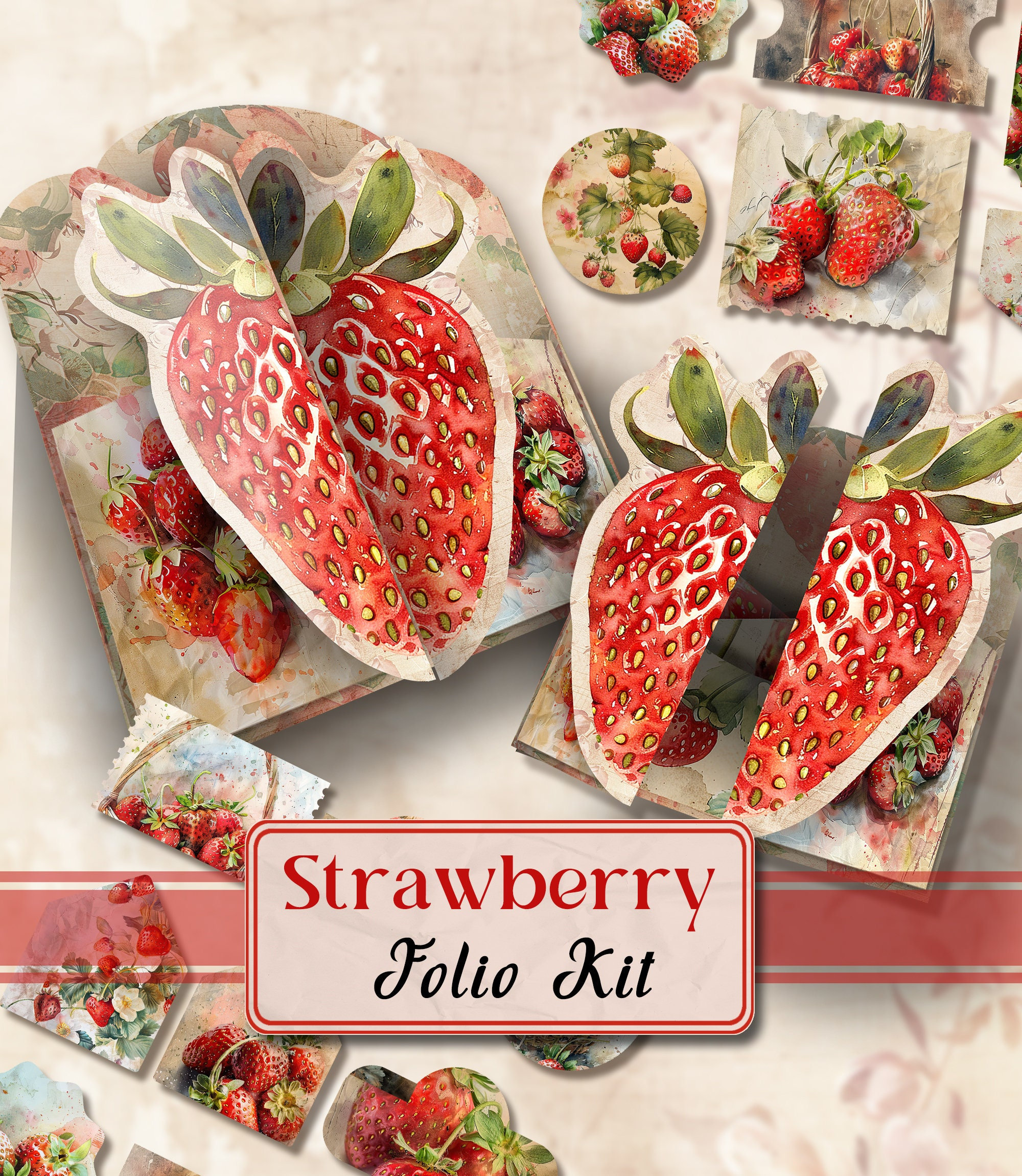 Strawberry Folio Junk Journal Kit Printable Folio Pages Summer Fruit Strawberries Printable Pages Fruit Folio Kit Scrapbook Paper [VF138]