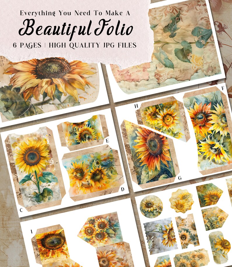 Sunflower Folio Junk Journal Kit Printable Folio Pages Shabby Chic ...