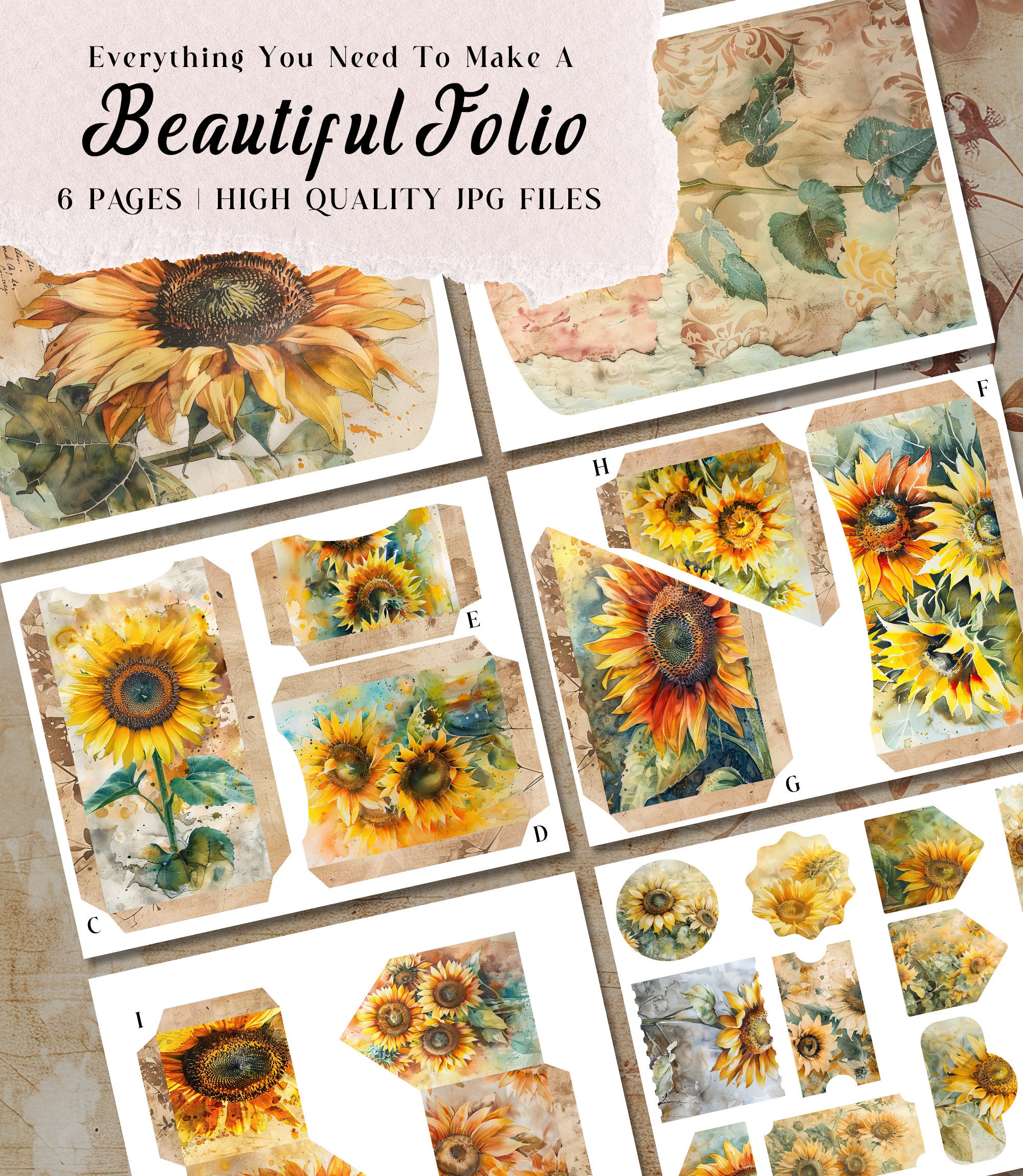 Sunflower Folio Junk Journal Kit Printable Folio Pages Shabby Chic ...