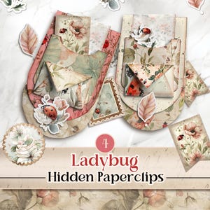 Kit de diário de lixo com bolsos ocultos para clipes de papel Ladybug Kit de clipes de papel ocultos Ladybug Kit de itens efêmeros Ladybug Shabby Chic [VF225]