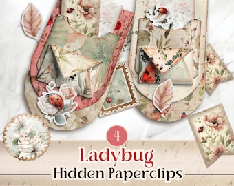 Könnte beinhalten: Eine Sammlung von versteckten Büroklammern mit Marienkäfer-Motiv. Die Büroklammern sind mit Blumen- und Blättermustern sowie Marienkäfer-Aufklebern verziert. Der Text "4 Ladybug Hidden Paperclips" ist in der Mitte des Bildes zu sehen.