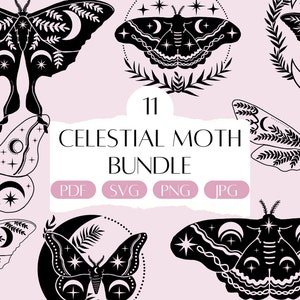 Celestial Moth SVG Bundle, Mystical Witchcraft Clipart, Mystic svg, Minimalist Halloween Witch Butterfly svg, Witchy Line Art, Moth PNG