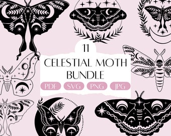 May include: A set of 11 celestial moth illustrations in black and white. The moths are depicted with intricate details, including crescent moons, stars, and floral patterns. The text "11 Celestial Moth Bundle" is displayed in the center of the image. The words "PDF, SVG, PNG, JPG" are displayed below the text.