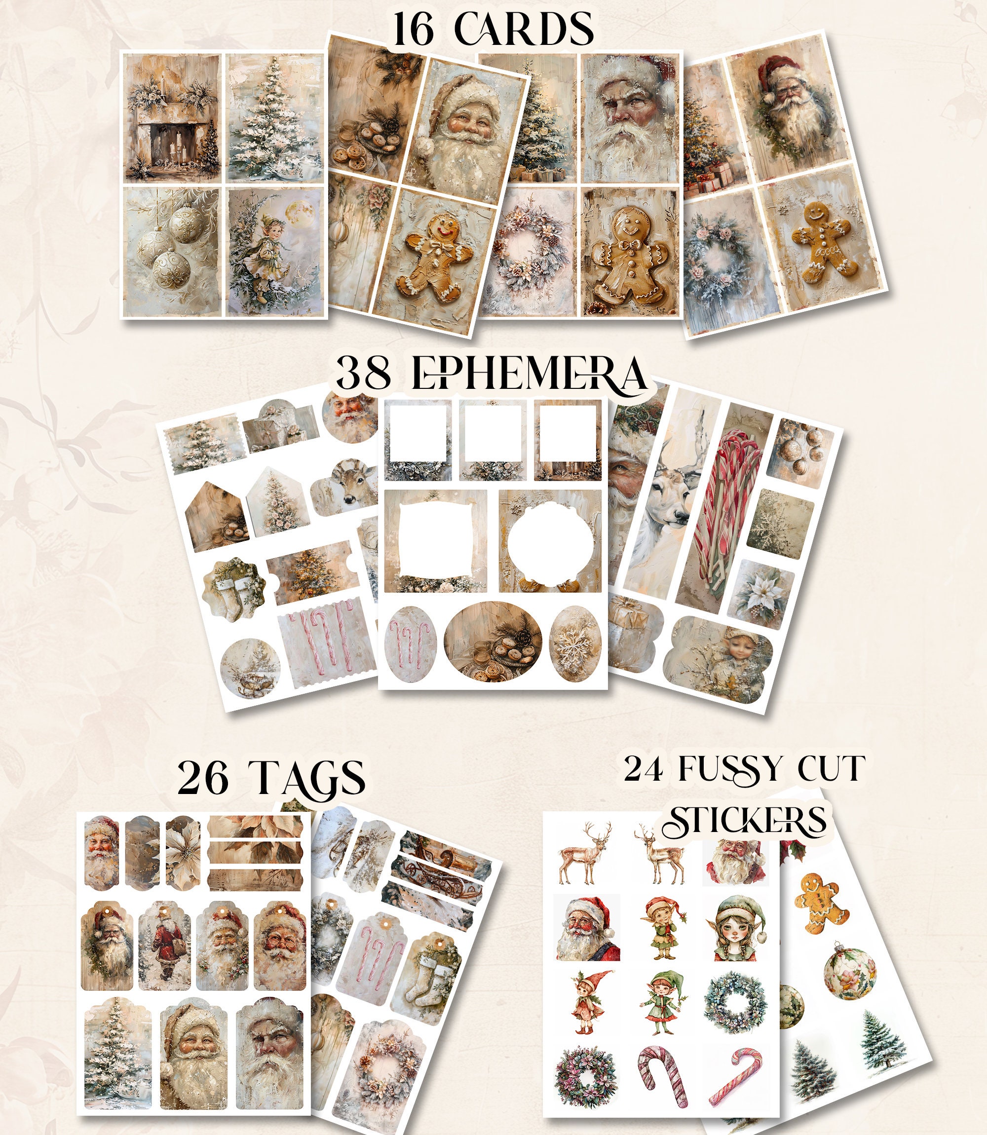 Beige Christmas Junk Journal Kit Mixed Media Holiday Junk Journal Paper ...