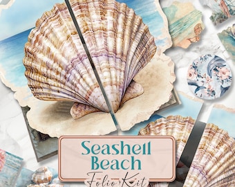 May include: A digital collage kit featuring watercolour illustrations of seashells, ocean waves, and beach scenes. The kit includes a large seashell, smaller seashells, ice cream cones, and a floral design with dolphins. The text "Seashell Beach Folio Kit" is included in the image.