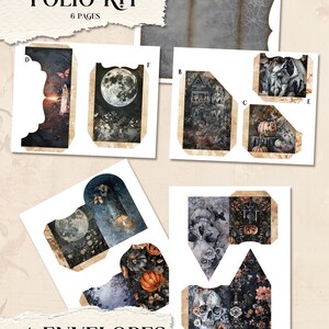 May include: Folio kit with 6 pages and 4 envelopes. The kit features illustrations of a full moon, haunted house, pumpkins, skulls, and a gargoyle. The envelopes and pages have a vintage, gothic aesthetic with a dark colour palette.
