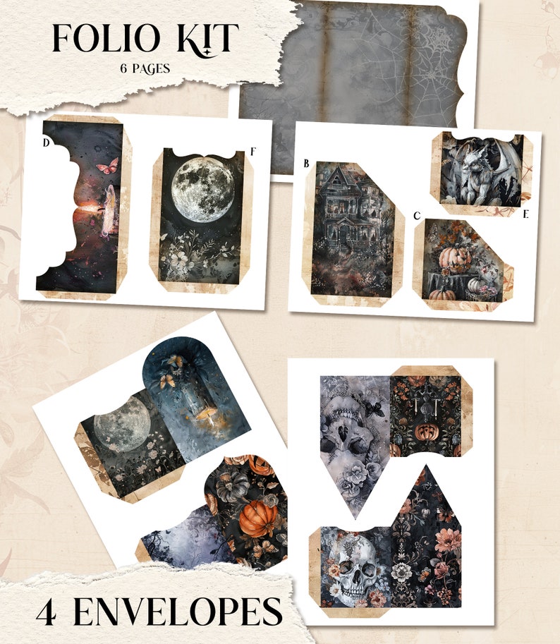 May include: Folio kit with 6 pages and 4 envelopes. The kit features illustrations of a full moon, haunted house, pumpkins, skulls, and a gargoyle. The envelopes and pages have a vintage, gothic aesthetic with a dark colour palette.