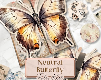 May include: A digital scrapbook kit featuring watercolor butterflies in neutral colors with a beige background. The kit includes various shapes and sizes of butterflies, floral elements, and text that reads "Neutral Butterfly Folio Kit".