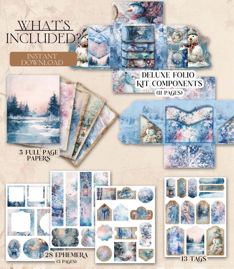 Winter Junk Journal Kit Printable DELUXE Folio Pages Snowman Printable ...