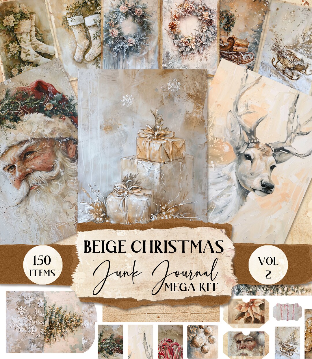 Beige Christmas Junk Journal Kit Mixed Media Holiday Junk Journal Paper ...