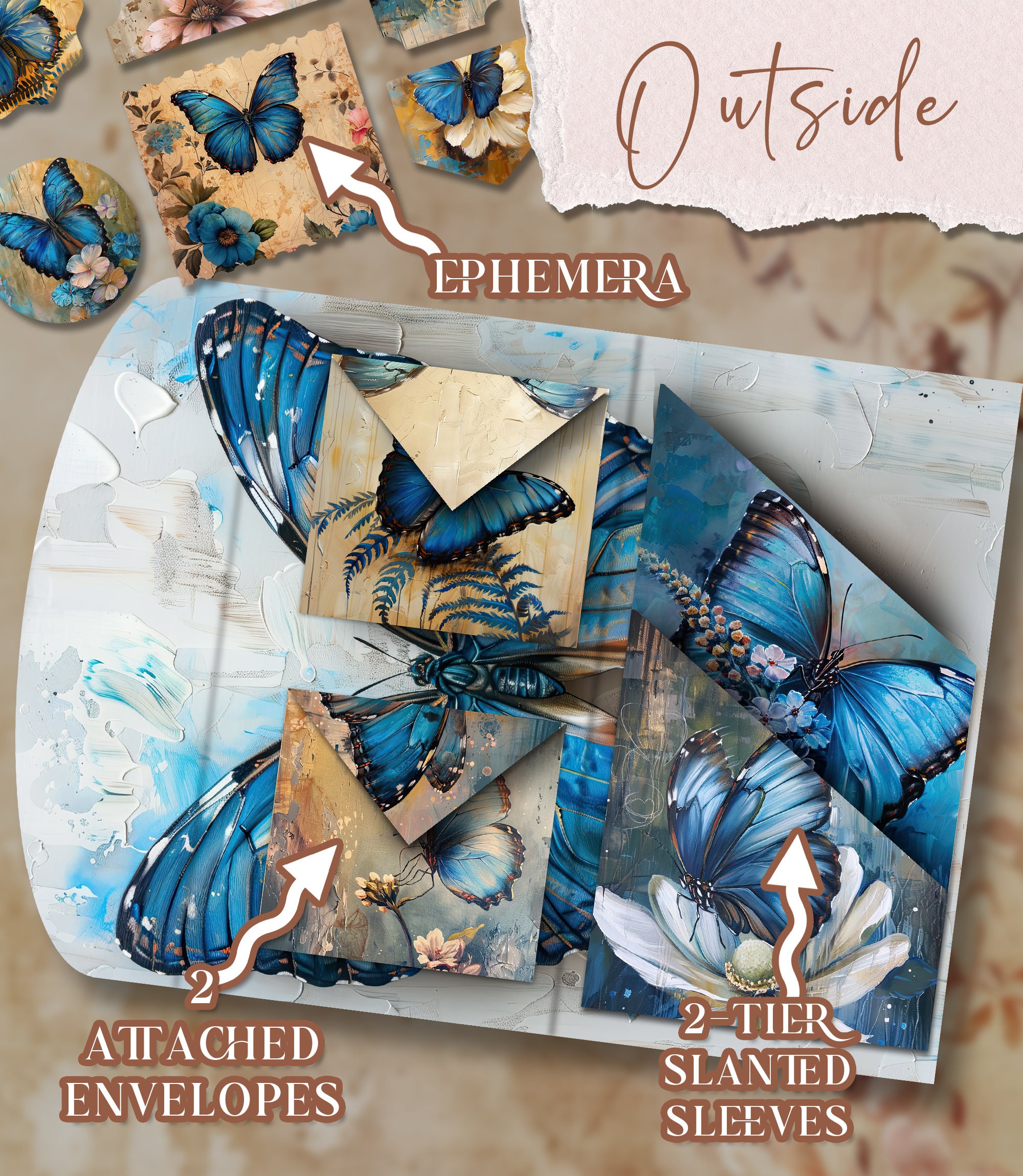 Blue Butterfly Folio Junk Journal Kit Printable Folio Pages Shabby Chic ...