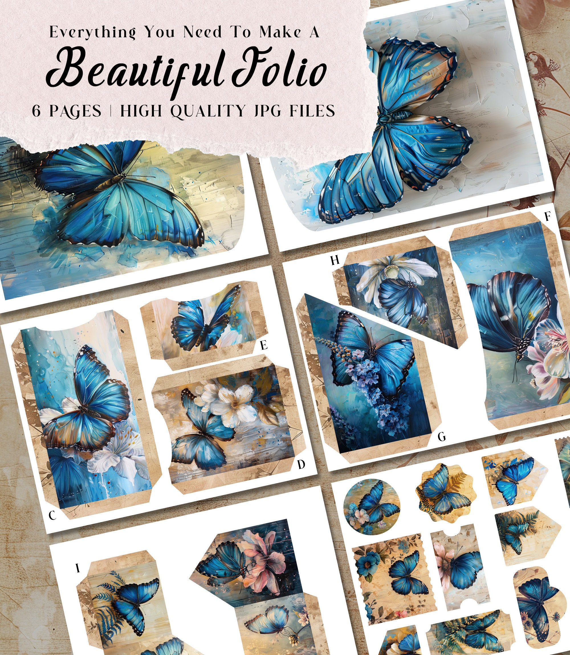 Blue Butterfly Folio Junk Journal Kit Printable Folio Pages Shabby Chic ...