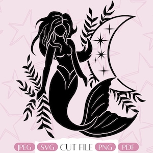 Celestial Mermaid SVG, Mystical Witchcraft Clipart, Mystic svg, Minimalist Mermaid with Crescent Moon png, Witchy Line Art for Cricut