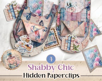 May include: Shabby Chic hidden paperclips with floral and butterfly designs. The paperclips are in the shape of envelopes and feature images of books, perfume bottles, and teacups. The text "4 Shabby Chic Hidden Paperclips" is visible.