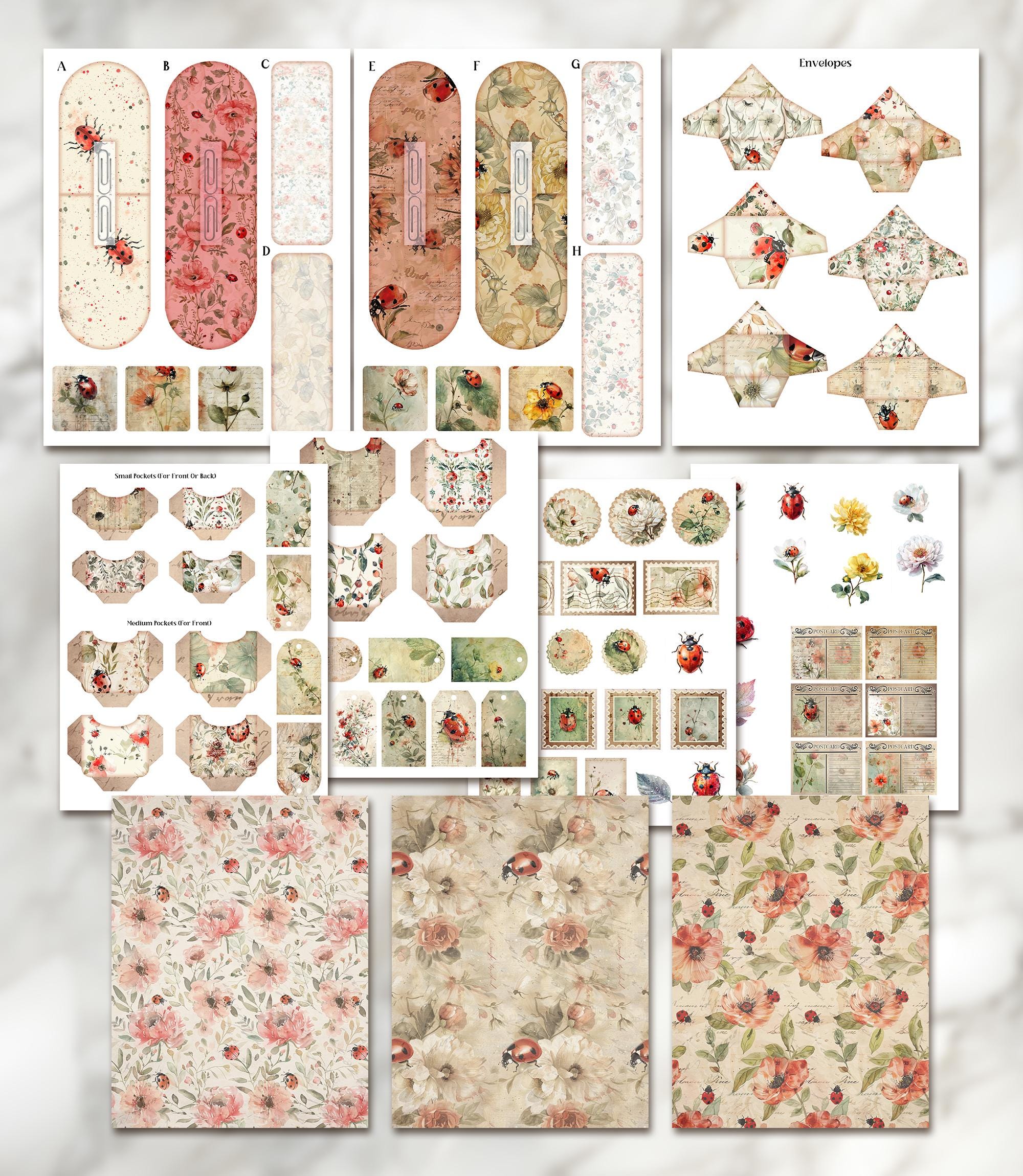 Ladybug Hidden Paperclip Pockets Junk Journal Kit Lady Bug Hidden Paper