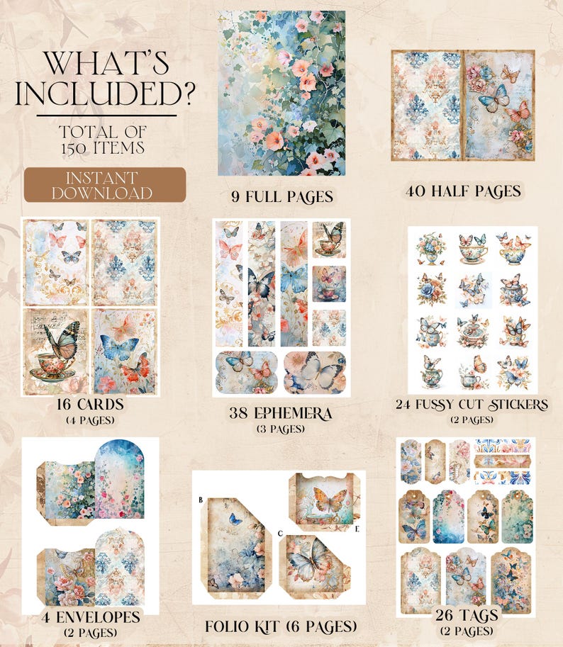 Printable Butterfly Junk Journal Kit Junk Journal Folio Kit Shabby Chic ...