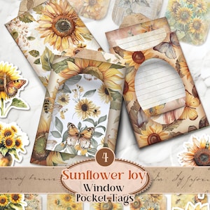 Etiquettes de poche pour fenêtre Tournesol, éphémères printanières, pochettes pour carnet de voyage printanière imprimables vintage, trousse de journal indésirable floral, fleur [VF200]
