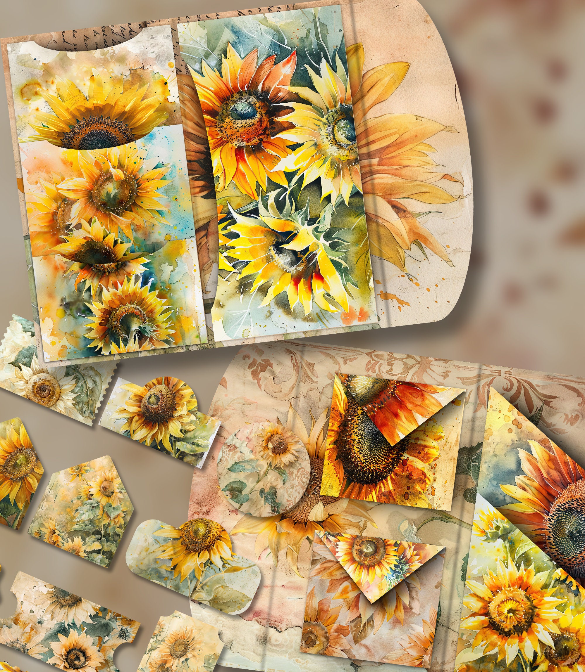 Sunflower Folio Junk Journal Kit Printable Folio Pages Shabby Chic ...