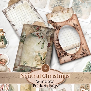 Neutral Christmas Window Pocket Tags Christmas Ephemera Printable Christmas Junk Journal Tag Pockets Vintage Xmas Junk Journal Kit [VF222]