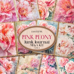 Páginas de diário de lixo de peônia rosa para impressão Diário de lixo floral Ephemera Folio Diário de lixo Diário de lixo da natureza Peônias Fussy Cuts Tag [VF061]