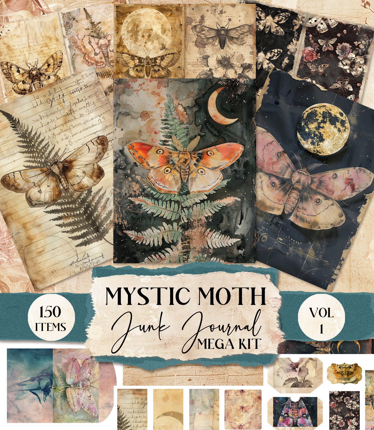 Moth Journal Mystic Moth Junk Journal Pages Printable Junk Journal Ephemera Folio ...