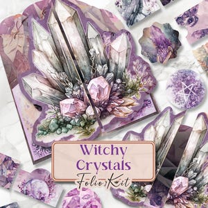 Crystal Witch Folio Witchy Junk Journal Kit afdrukbare foliopagina's Crystals afdrukbare pagina's Witchy Folio Kit Gothic plakboekpapier [VF144]
