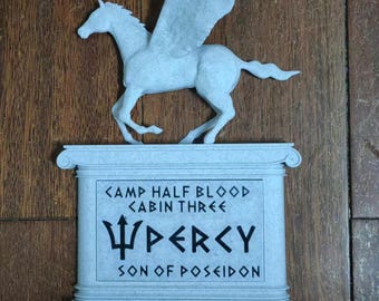 Custom Camp Half Blood Door Sign - Percy Jackson-Inspired Greek God Decor, Marble-Style Pedestal with Pegasus, Personalized Room Plaque