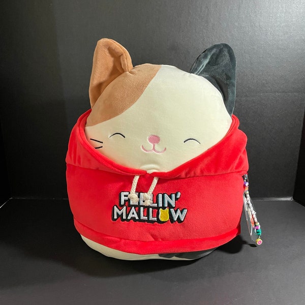 Squishmallow 12" Cam Calico Cat Red Embroidered "Feelin' Mallow" Hoodie w/Custom Hand-Made Beaded I Love SQUISH Clip-On Charm Collectible