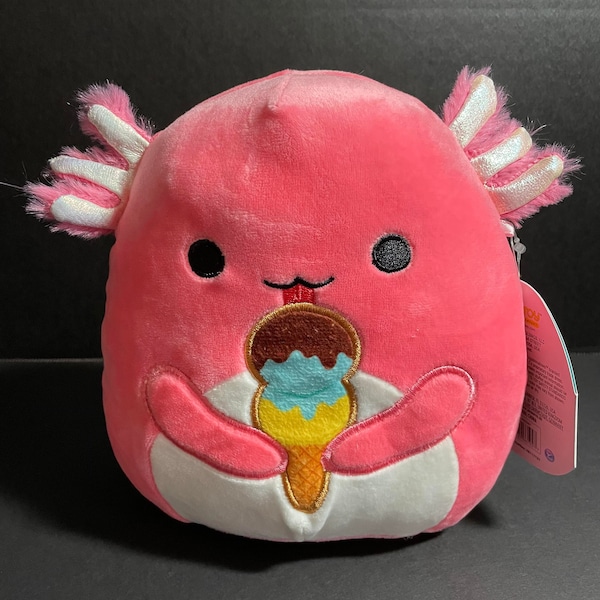 Squishmallows 7.5 "Archie Axolotl Eating Ice Cream w / Custom Hand-Made Beaded I Love SQUISH Clip-On Charm Coleccionable