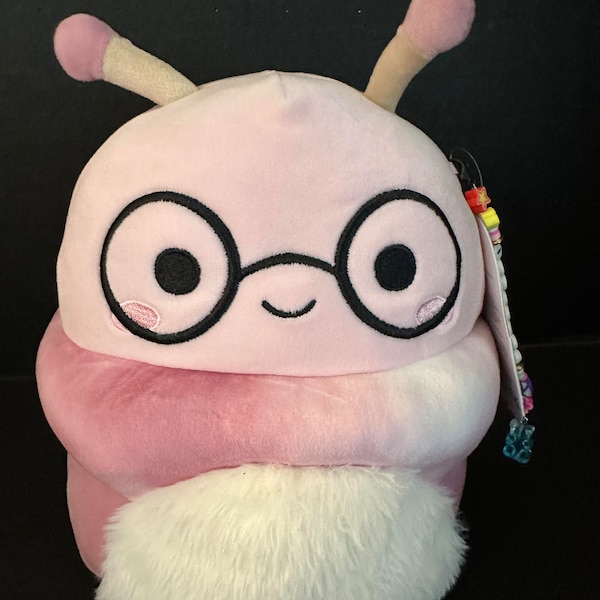 Squishmallow 8" Christian The Book Worm Furry Belly Glasses I Love w/Custom Beaded Hand-Made SQUISH Clip-On Charm Collectible