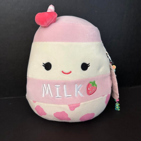 Squishmallow 8" Amelie Strawberry Milk Heart Straw w/Custom hand-made beaded I Love SQUISH clip-on charm collectible