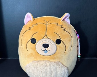 Squishmallow 11" Sando Chow Chow Dog Ultra Rare w/Custom Beaded Hand-Made I Love SQUISH Clip-On Charm Collectible