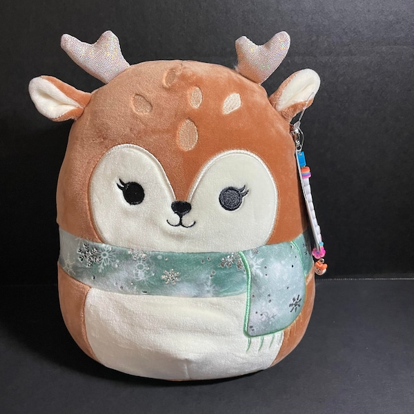 Squishmallow 8" Dawn the Fawn Reindeer with Scarf w/Custom Hand-Made Beaded I Love SQUISH Clip-On Charm Collectible