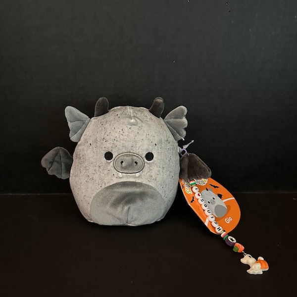 Squishmallow 5" Gio Gargoyle Bat w/Custom Hand-Made Beaded I Love SQUISH Clip-On Charm Collectible