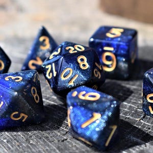 Blue Sparkle Acrylic Dice Set: Milky Way Gold DnD RPG