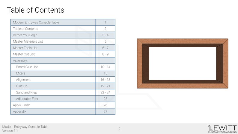 Peut inclure: Table des mati&egrave;res pour un projet de table console d'entr&eacute;e moderne en bois. La table des mati&egrave;res comprend des sections pour l'assemblage, le collage des panneaux, les coupes d'onglets, l'alignement, le collage, le pon&ccedil;age et la pr&eacute;paration, les pieds r&eacute;glables, l'application de la finition et une annexe. La table des mati&egrave;res est sur un fond bleu clair avec une bordure bleu fonc&eacute;.