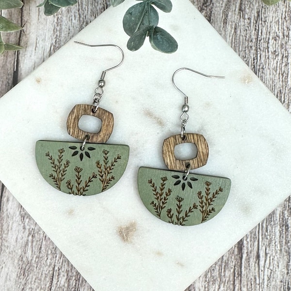 Sage Floral Engraved Semi Circle Dangle Earrings, Boho Floral Jewelry for Spring or Summer, Lightweight Earrings for Everday Wear