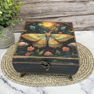 Gothic Moth Jewelry or Trinket Box, Gothic Home Decor, Lightweight Decoupage Box, Eclipse Moon Phase Keepsake Container, Tarot Card Storage
