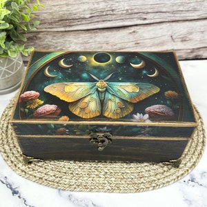 Gothic Moth Jewelry or Trinket Box, Gothic Home Decor, Lightweight Decoupage Box, Eclipse Moon Phase Keepsake Container, Tarot Card Storage