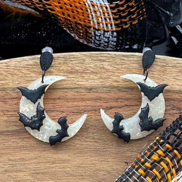 Opal Moon Earrings with Flying Black Bats, Celestial Polymer Clay Halloween Earrings, Gothic Bat Dangles,Unique Gift for Moon and Bat Lovers