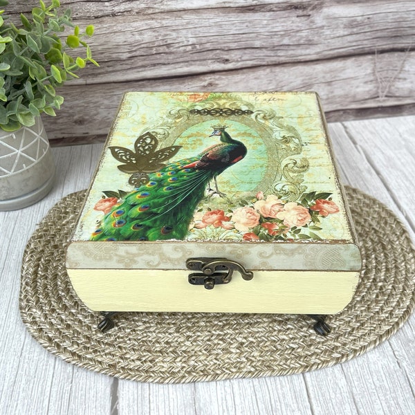 Peacock Jewelry or Trinket Box Decoupaged and Hand Painted, Perfect Home Decor Gift for Peacock Lovers, Kitchen Tea Storage
