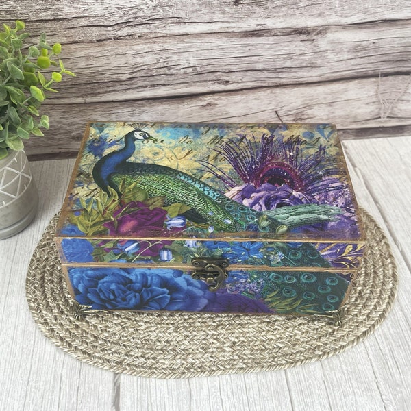 Peacock Jewelry or Trinket Box Decoupaged and Hand Painted, Perfect Home Decor Gift for Peacock Lovers, Crystal or Tarot Card Storage