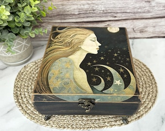 Moon Goddess Decoupage Jewelry or Trinket Box, Celestial Storage Box, Gothic Home Decor, Tarot Card Storage