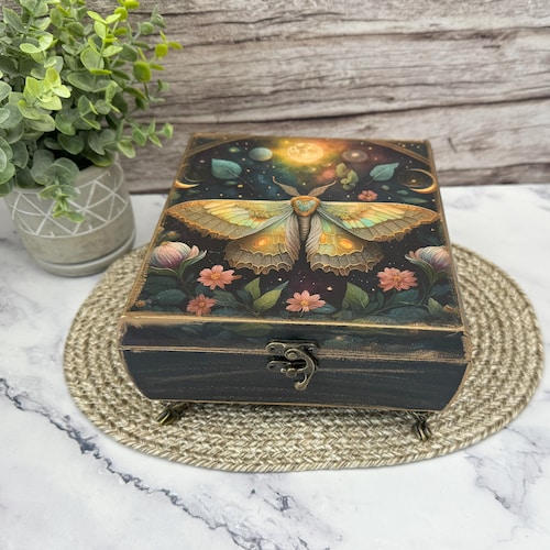 Gothic Moth Jewelry or Trinket Box, Gothic Home Decor, Lightweight Decoupage Box, Eclipse Moon Phase Keepsake Container, Tarot Card Storage