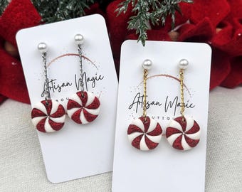 Peppermint Patty Polymer Clay Christmas Earrings, Holiday Candy Dangles with Faux Pearl Studs, Winter Peppermint Candy Earrings
