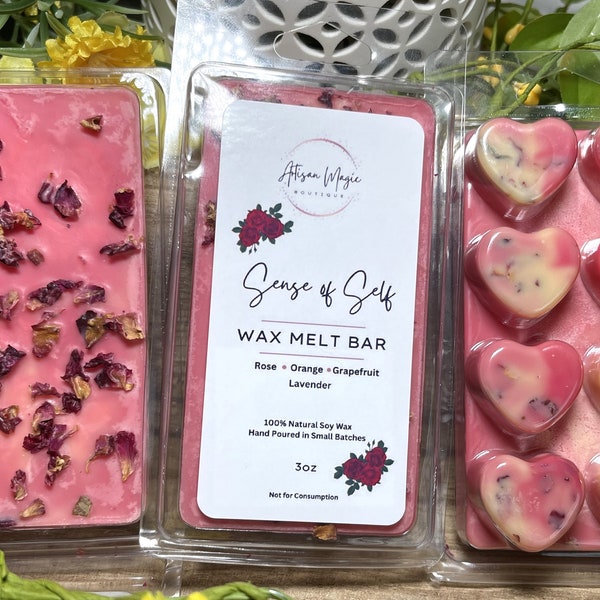 Rose Scent 3oz Wax Melt Bar, Strong Floral Scent Soy Wax Cubes, Rose Home Fragrance, Wax Warmer Melt, Rose Petal Topped Wax Tarts
