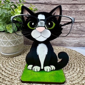 Cat Eyeglass Holder, Tuxedo Kitty Glasses Stand, Perfect Gift for Cat Lovers, Eyewear Desk Accessory for Home or Office, Pet Readers Display