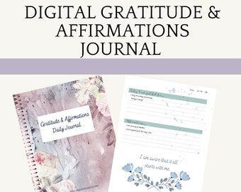 May include: A digital gratitude and affirmations journal with a floral design. The cover features a watercolour-style background with pink, grey, and white flowers. The journal has a spiral binding and the text "Gratitude & Affirmations Daily Journal" is printed on the cover.