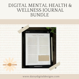 May include: A digital habit tracker on a tablet screen. The tracker has four sections, each with a grid of circles for marking habits. The text "Habit Tracker" is at the top of the screen.