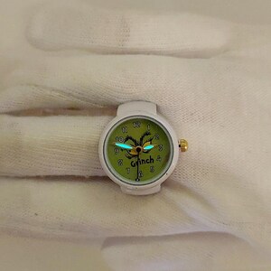 Rare Vintage Grinch (3 glow hands) ring watch white tone by migi (Unsigned) works (~3-4pm dial damage)